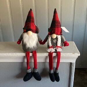 NWT- Set of 2- 18.5” Buffalo Check Christmas Holiday Gnome Sitter Decorations